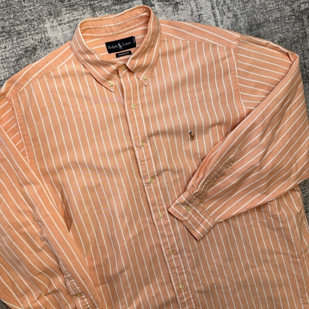 VTG Polo Ralph Lauren Shirt Mens 18 Orange Cream Striped Classic Fit Oxford OCDB